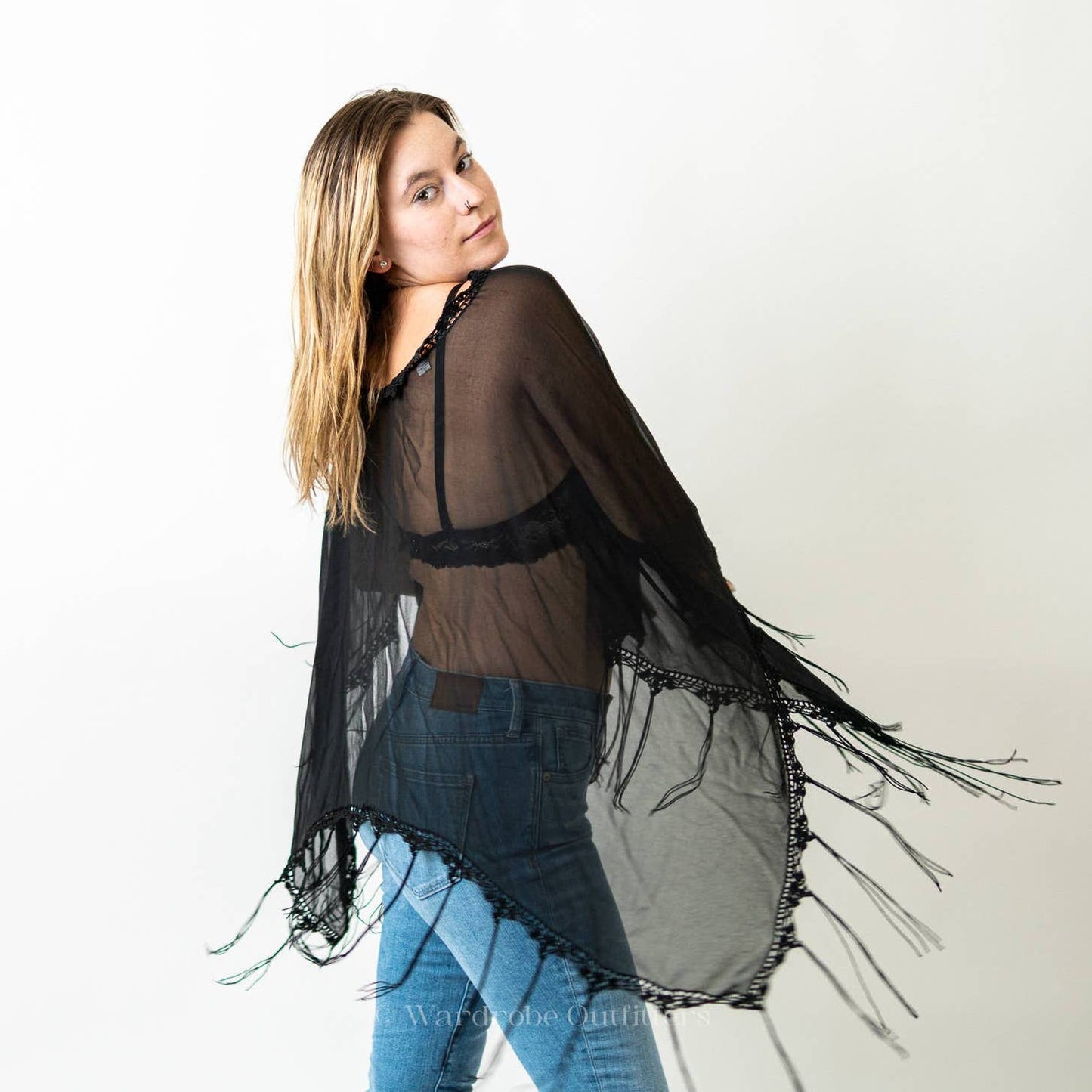 Black Sheer Mesh Flowy Fringe Tassel Poncho Coverup Shaw