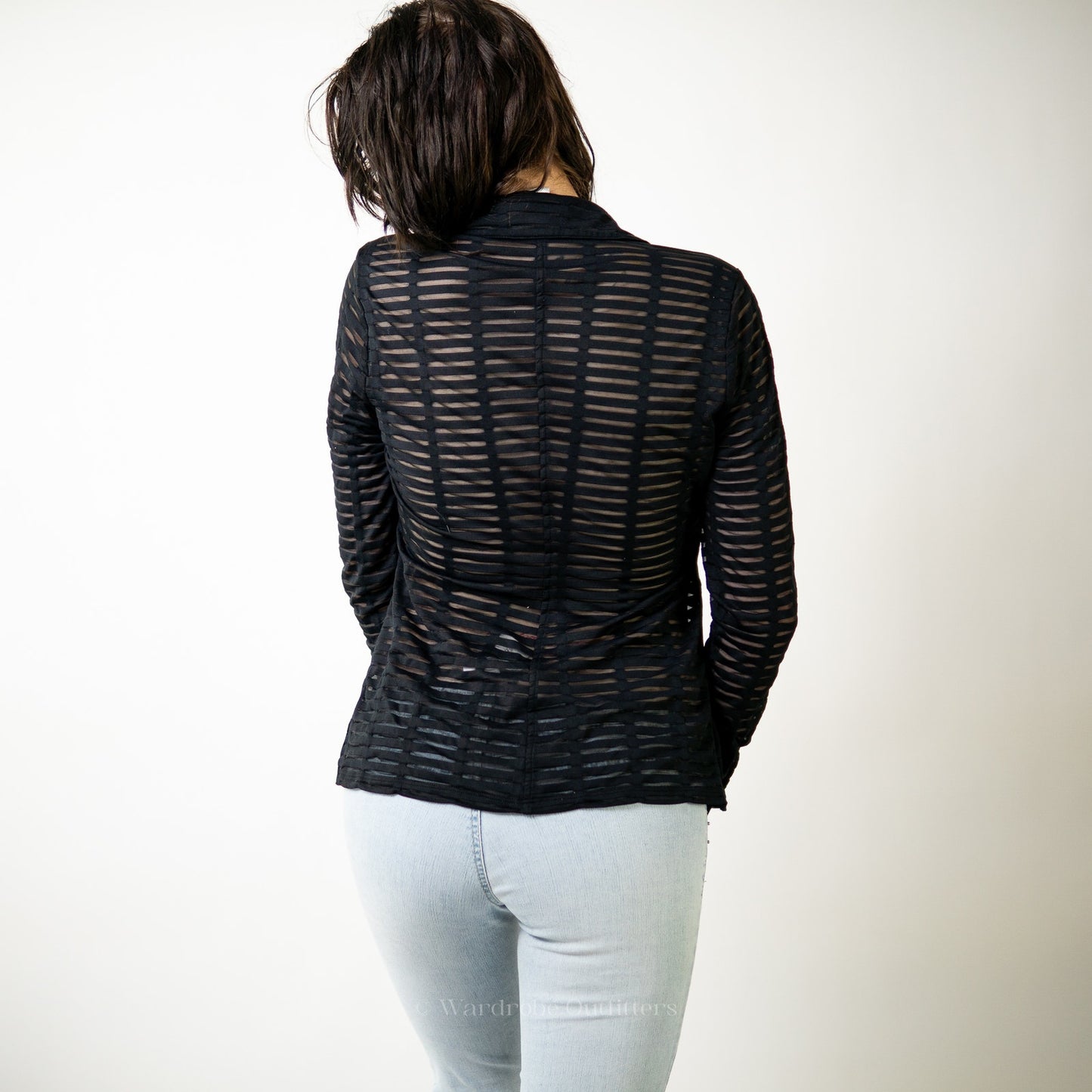 Black Sheer Mesh Stripe Panel Long Sleeve Blouse by Cache