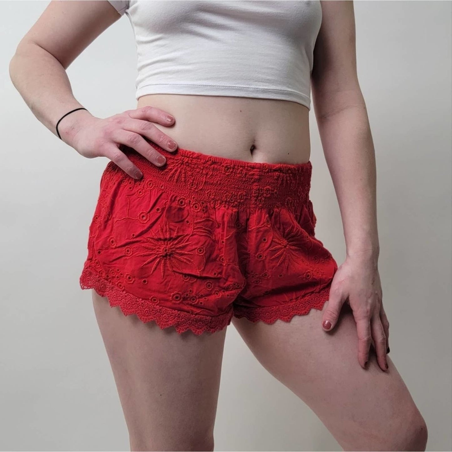 Forever 21 Lace Eyelet Pull On Red Cheeky Shorts - S