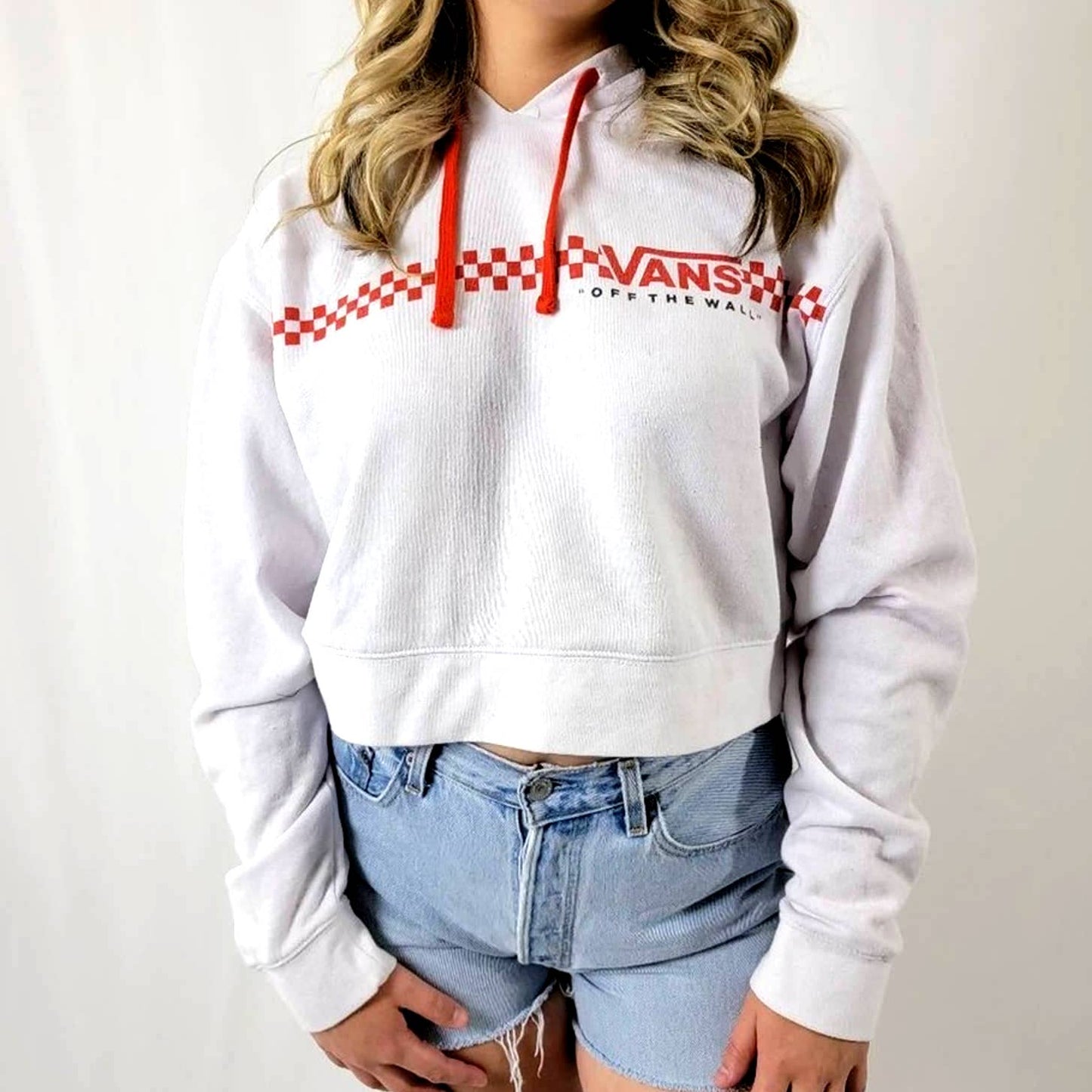 Vans Checkered Red Logo Cropped Hooded Sweatshirt - L