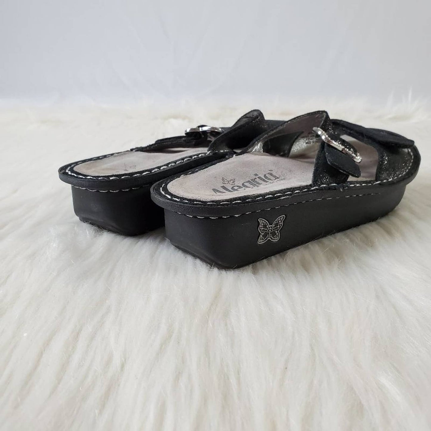 Alegria Mariposa Black Sparkle Rhinestone Butterfly Platform Sandals
