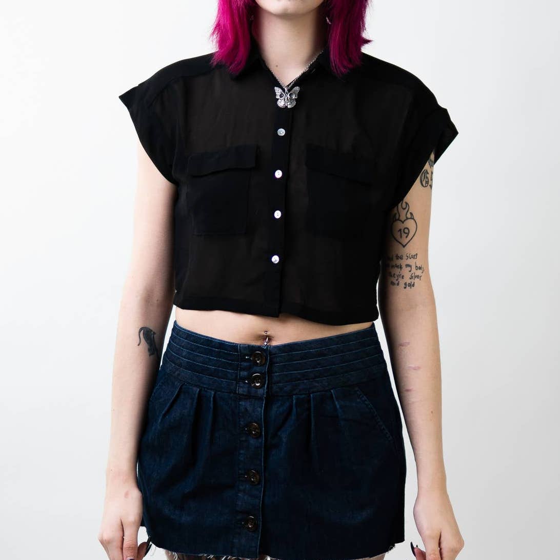 Black Cropped Sheer Short Sleeve Button Down - S