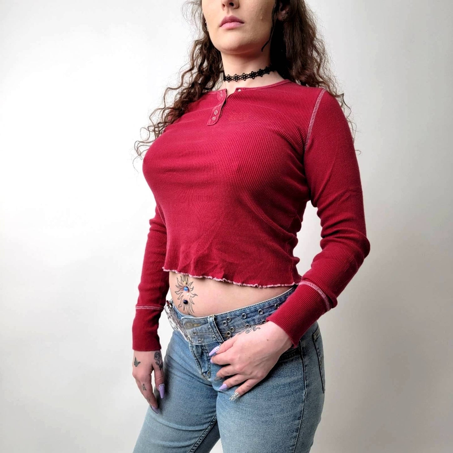 Vintage Y2K Cropped Frilly Long Sleeve Tee Shirt - L