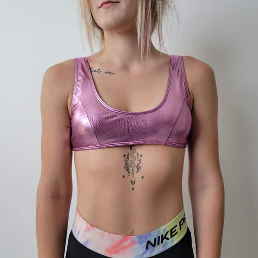 Hot Pink Metallic Sports Bra Rave Top - M