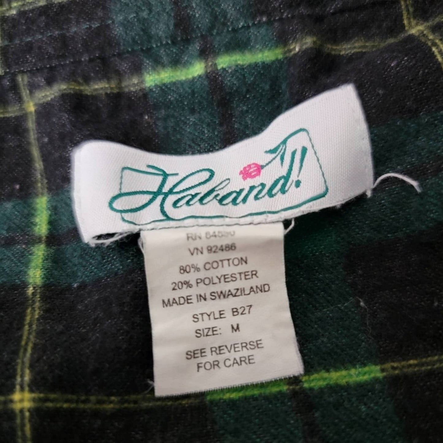 Vintage 90s Haband Check Plaid Forest Hunter Green Flannel Shirt