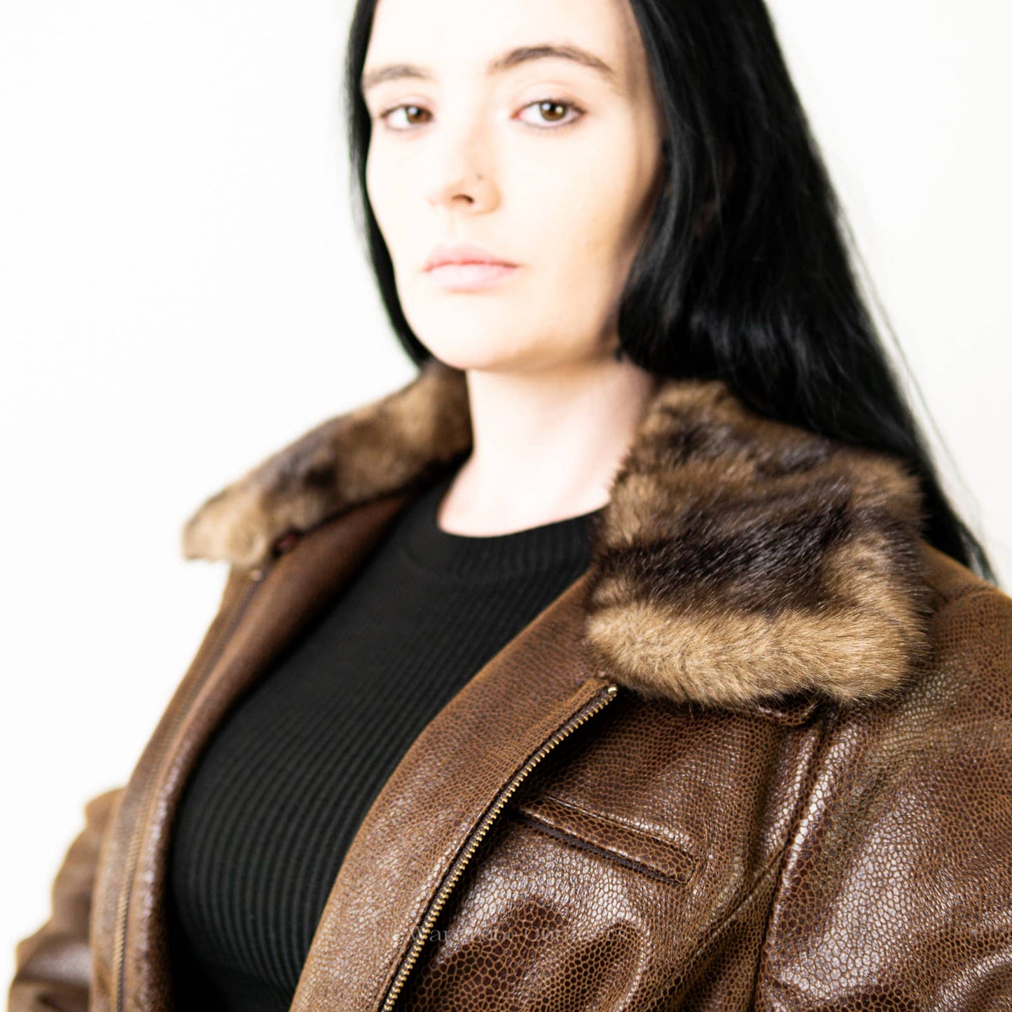 Peter Nygard Brown Faux Alligator Print Fur Collared Jacket - L