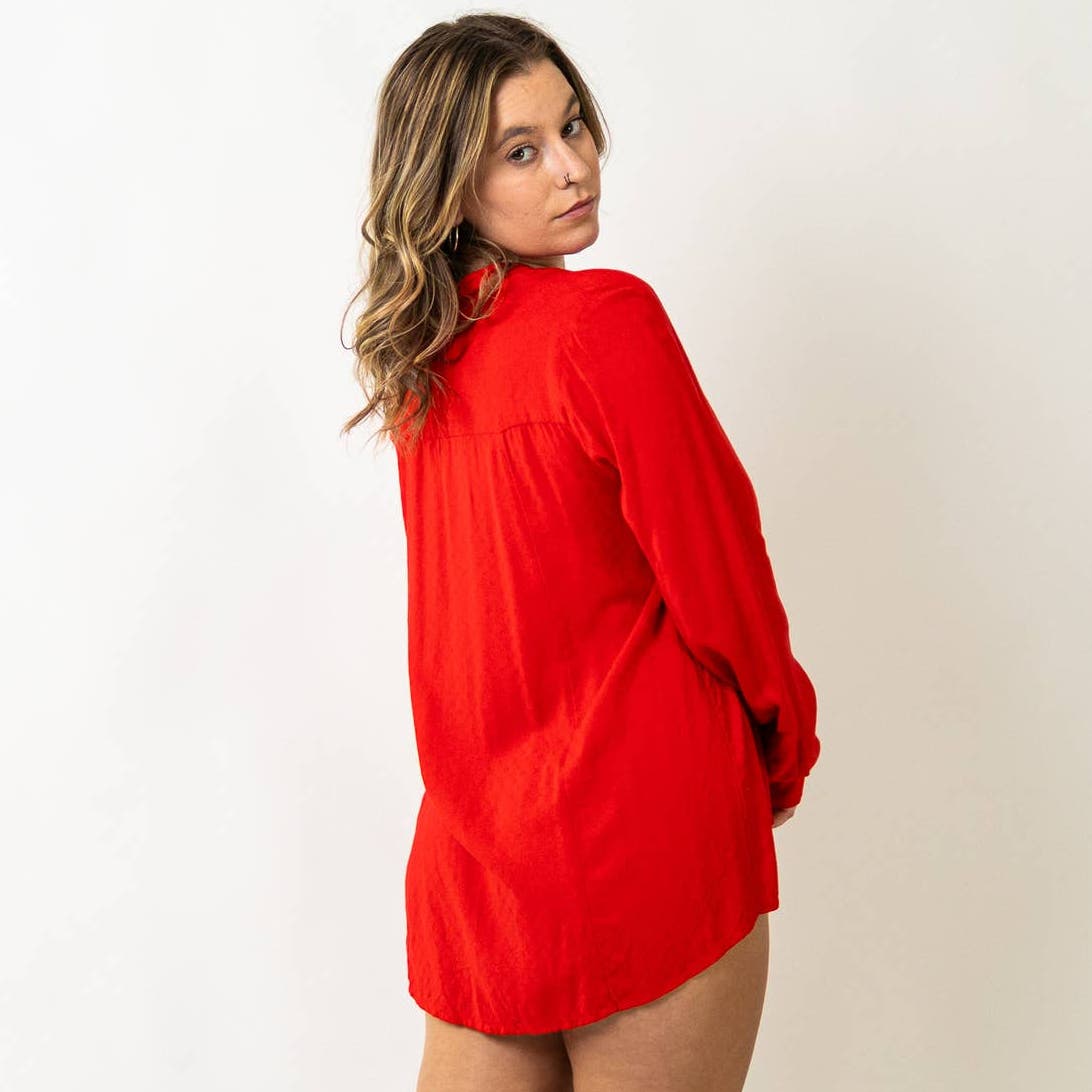 Maeve by Anthropologie Tie Front Red Long Sleeve Blouse