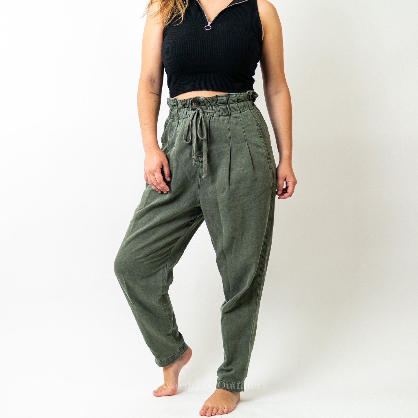 Free People Sugar Kelp Green Margate High Rise Pleated Paper Bag Pants