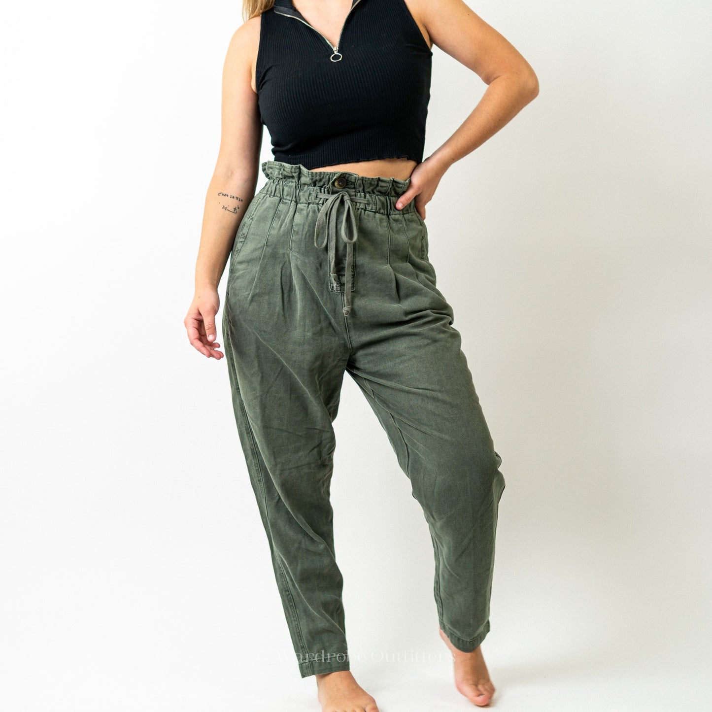 Free People Sugar Kelp Green Margate High Rise Pleated Paper Bag Pants