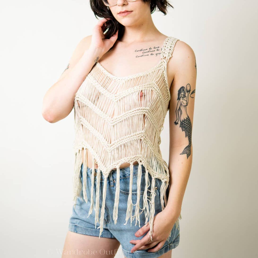 Cream Crochet Tassel Cover Up - M