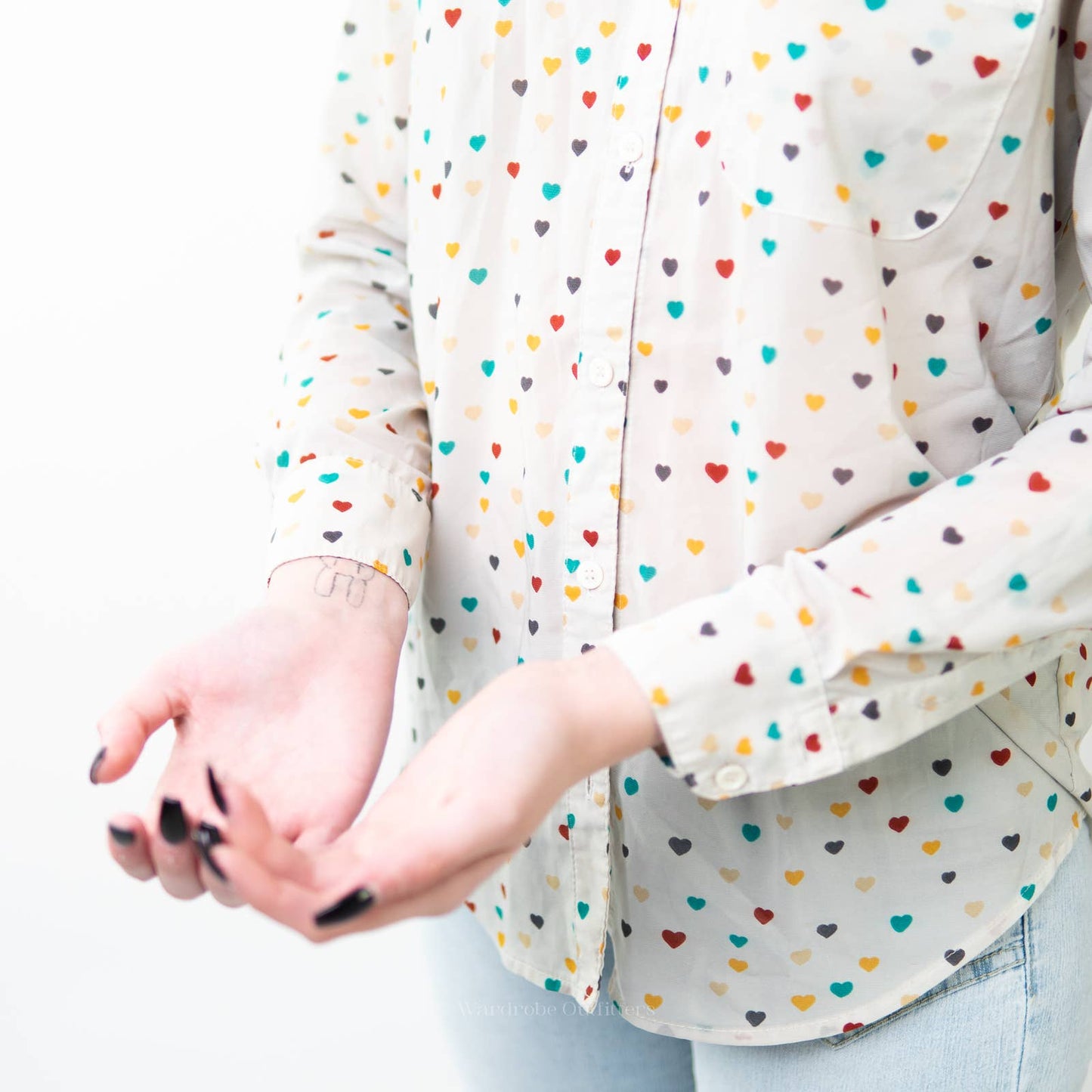 I love h81 x F21 White Sheer Button Down Polkadot Heart Shirt - S