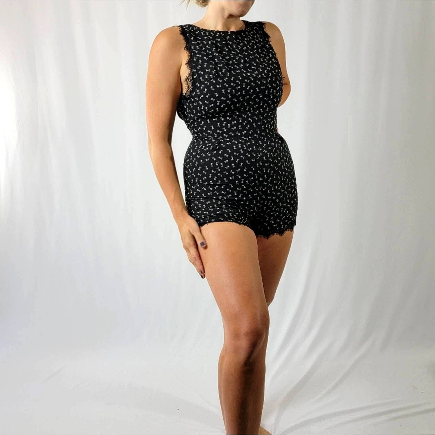 Sweet Rain Black Floral Eyelash Romper - S