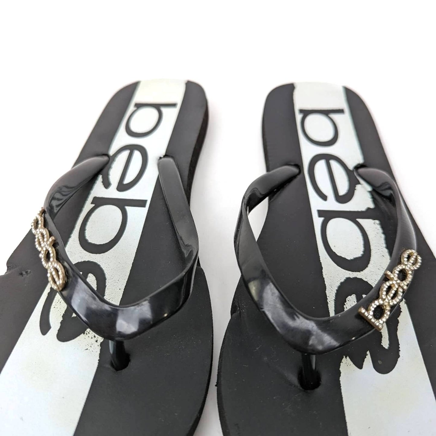 bebe Black & White Rhinestone Flip Flop Sandal Slides