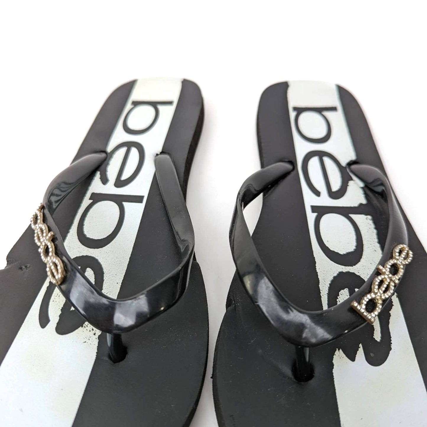 bebe Black & White Rhinestone Flip Flop Sandal Slides