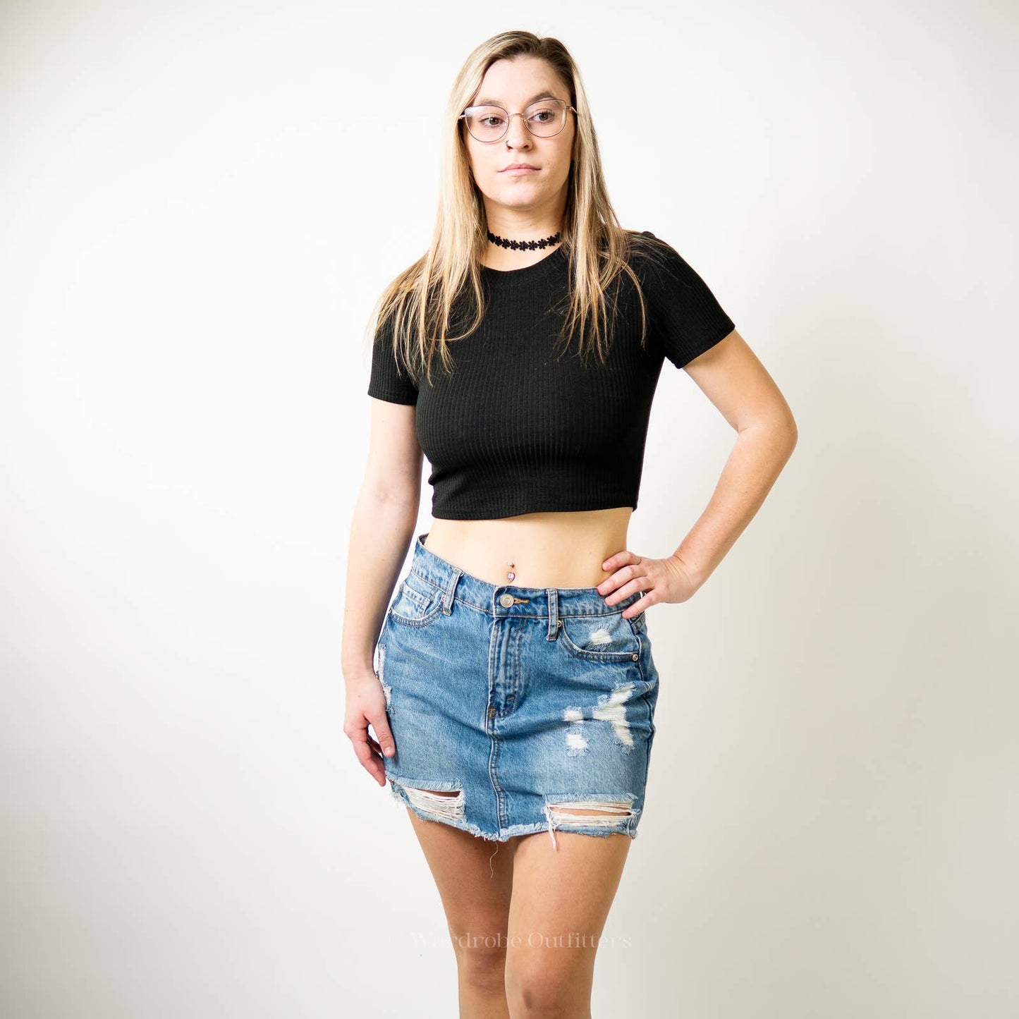F21 Distressed Raw Hem Denim A-Line Mini Skirt