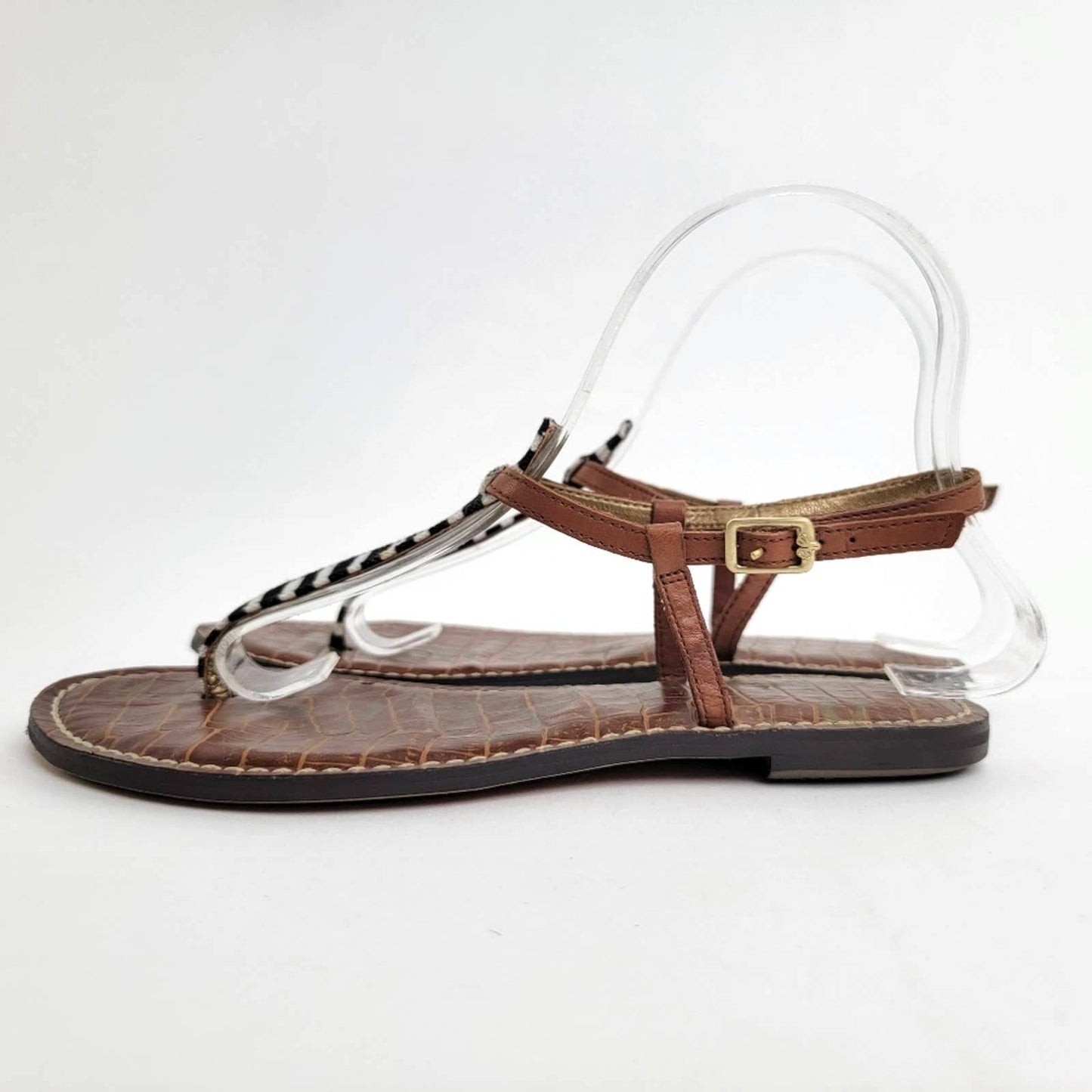 Sam Edelman Gigi T-Strap Black and White Stripe Leather Flip Flop Sandals - 7