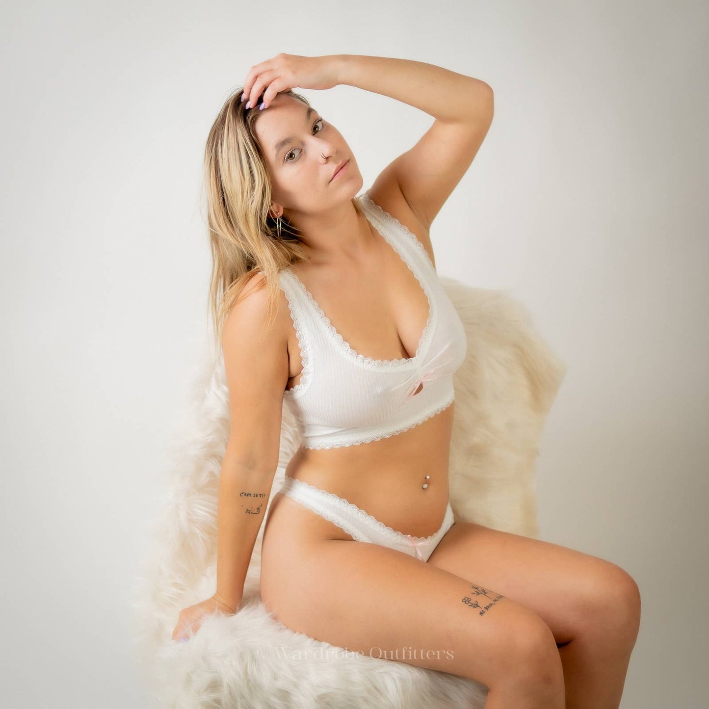 NEW White Lace Trim Cut Out Bow Front Thong Lingerie Set