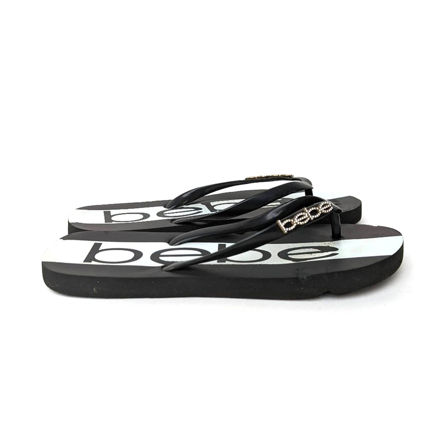 bebe Black & White Rhinestone Flip Flop Sandal Slides