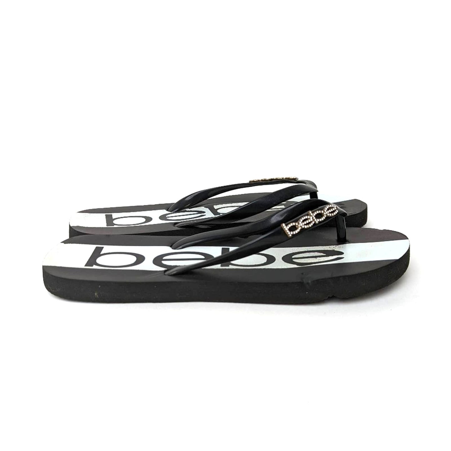 bebe Black & White Rhinestone Flip Flop Sandal Slides