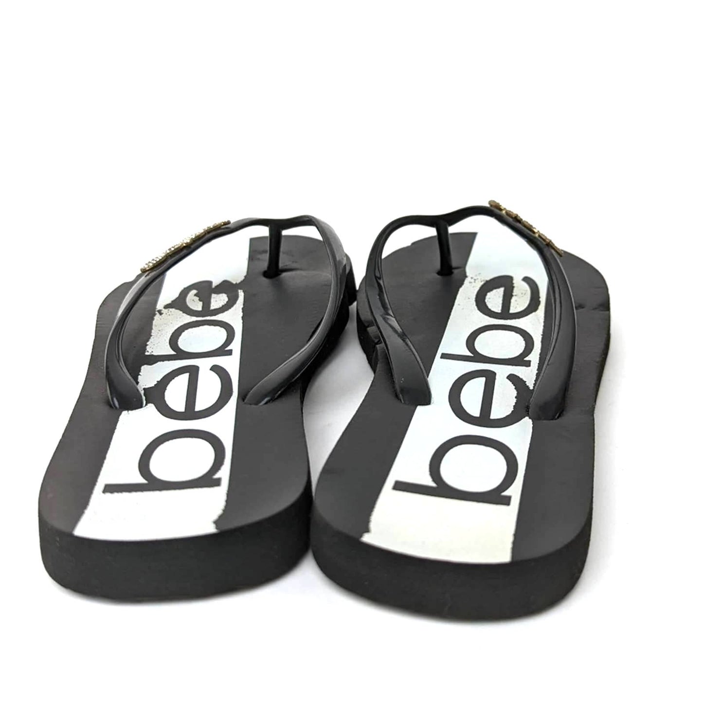 bebe Black & White Rhinestone Flip Flop Sandal Slides