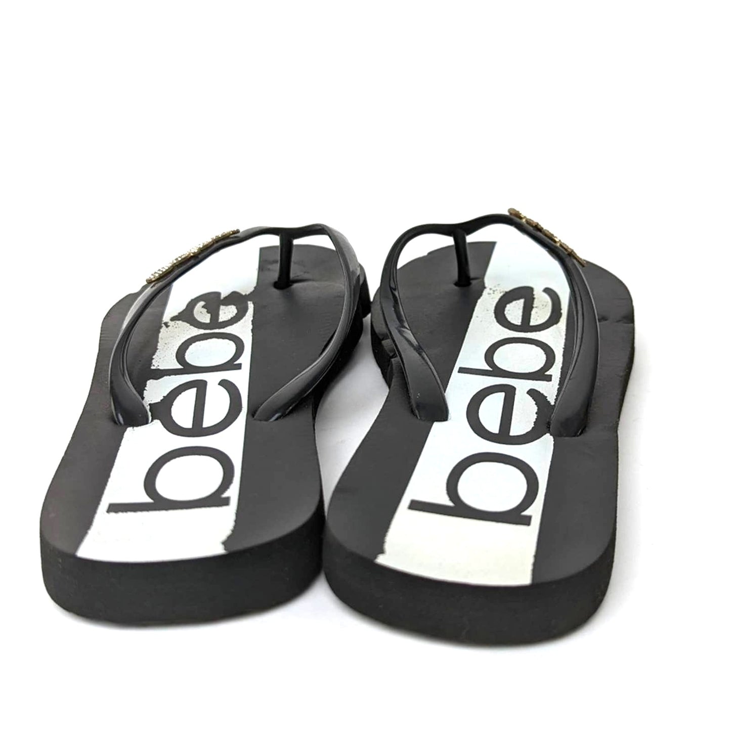 bebe Black & White Rhinestone Flip Flop Sandal Slides