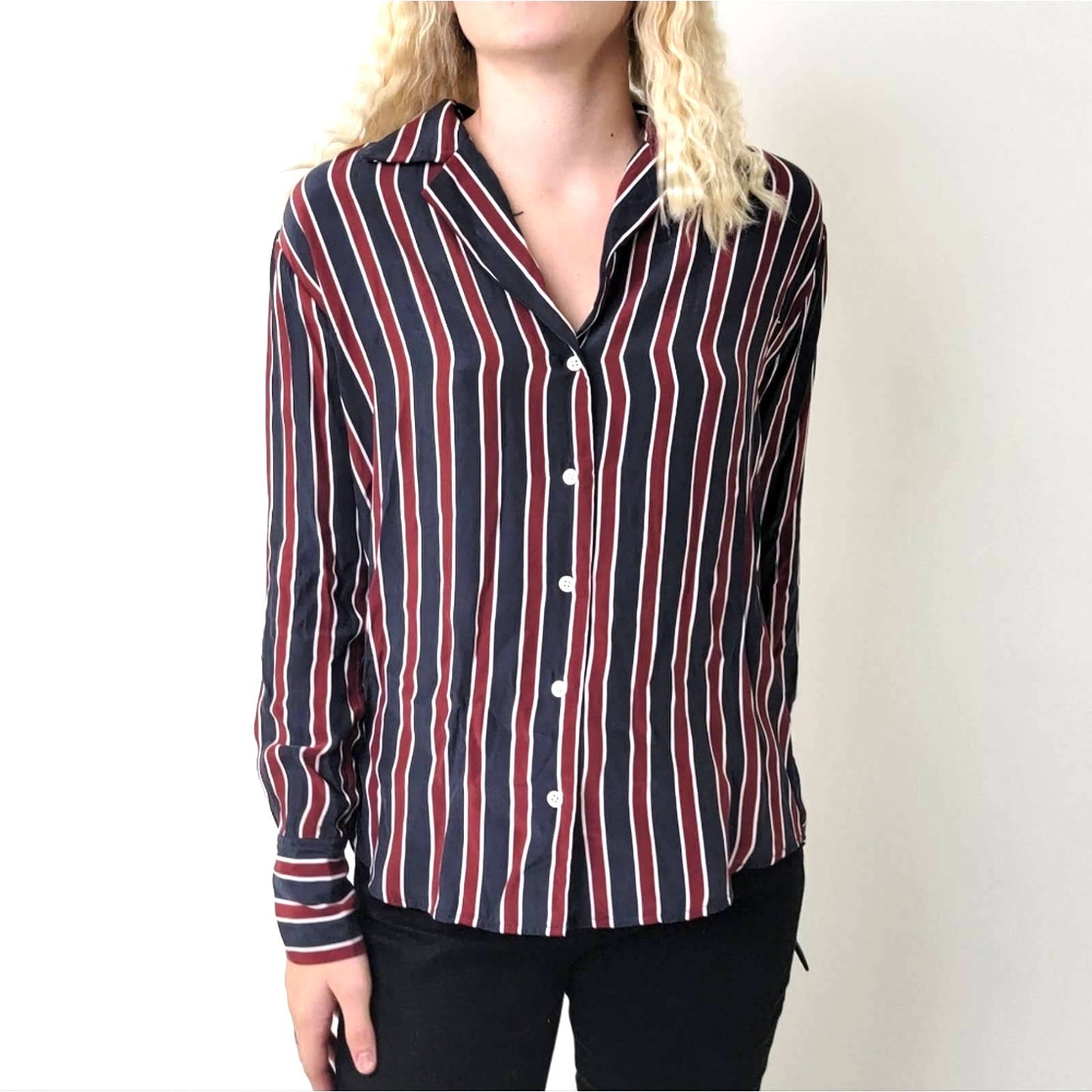 Frame Silk Striped Button Down Long Sleeve Shirt - S