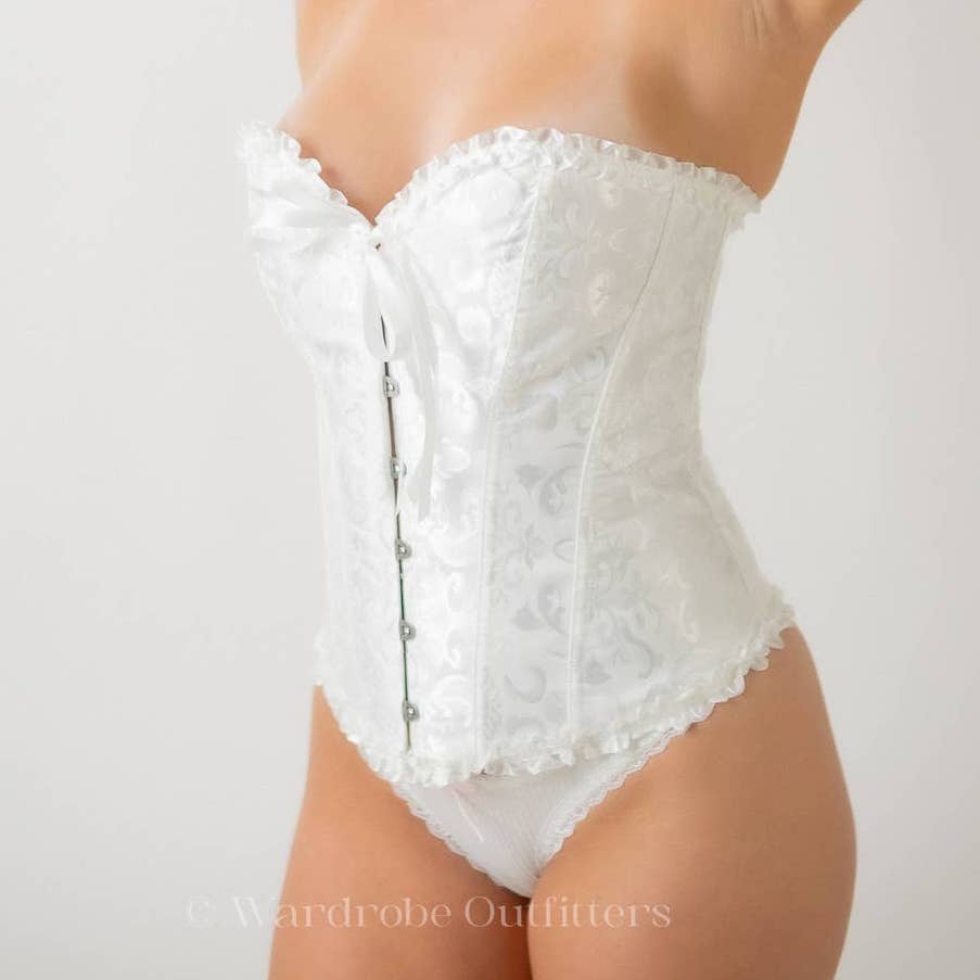 White Lace Up Jacquard Frill Trim Push Up Corset Lingerie