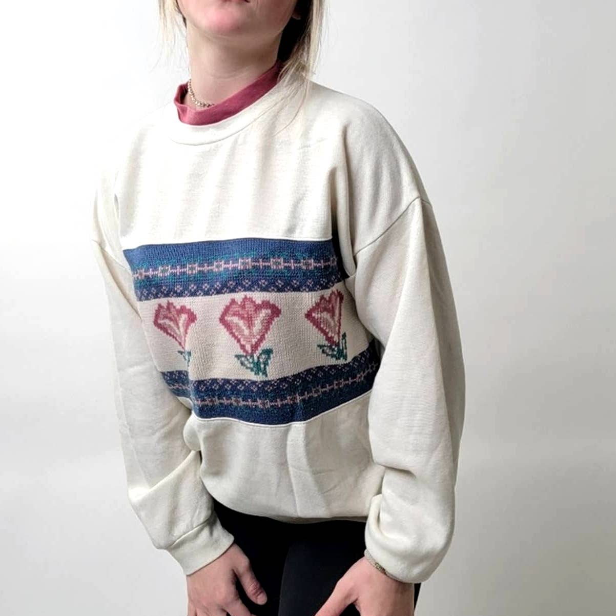 Vintage 90s Floral Cottagecore Chunky Knit Sweatshirt - S