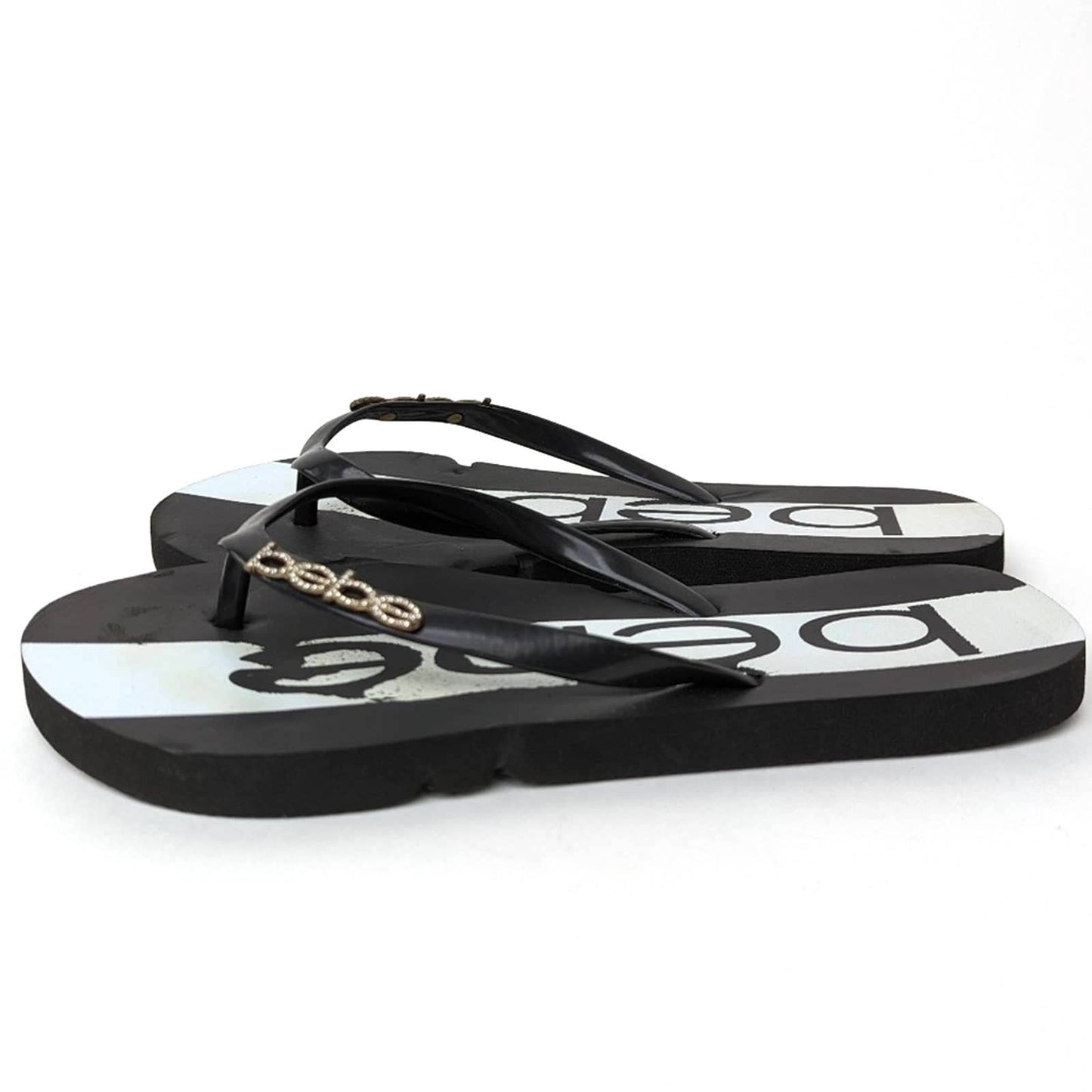 bebe Black & White Rhinestone Flip Flop Sandal Slides