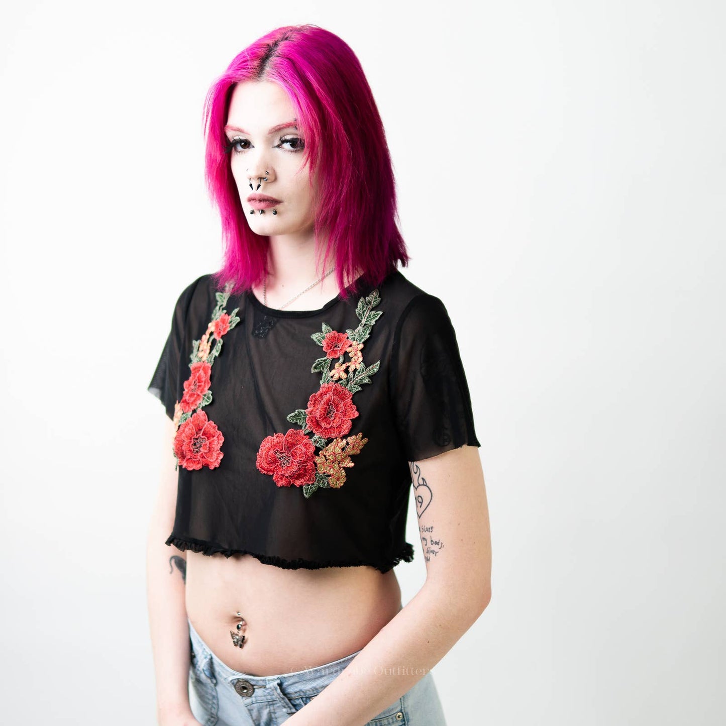 Embroidered Stitched Floral Rose See Through Sheer Mesh Rave Crop Top