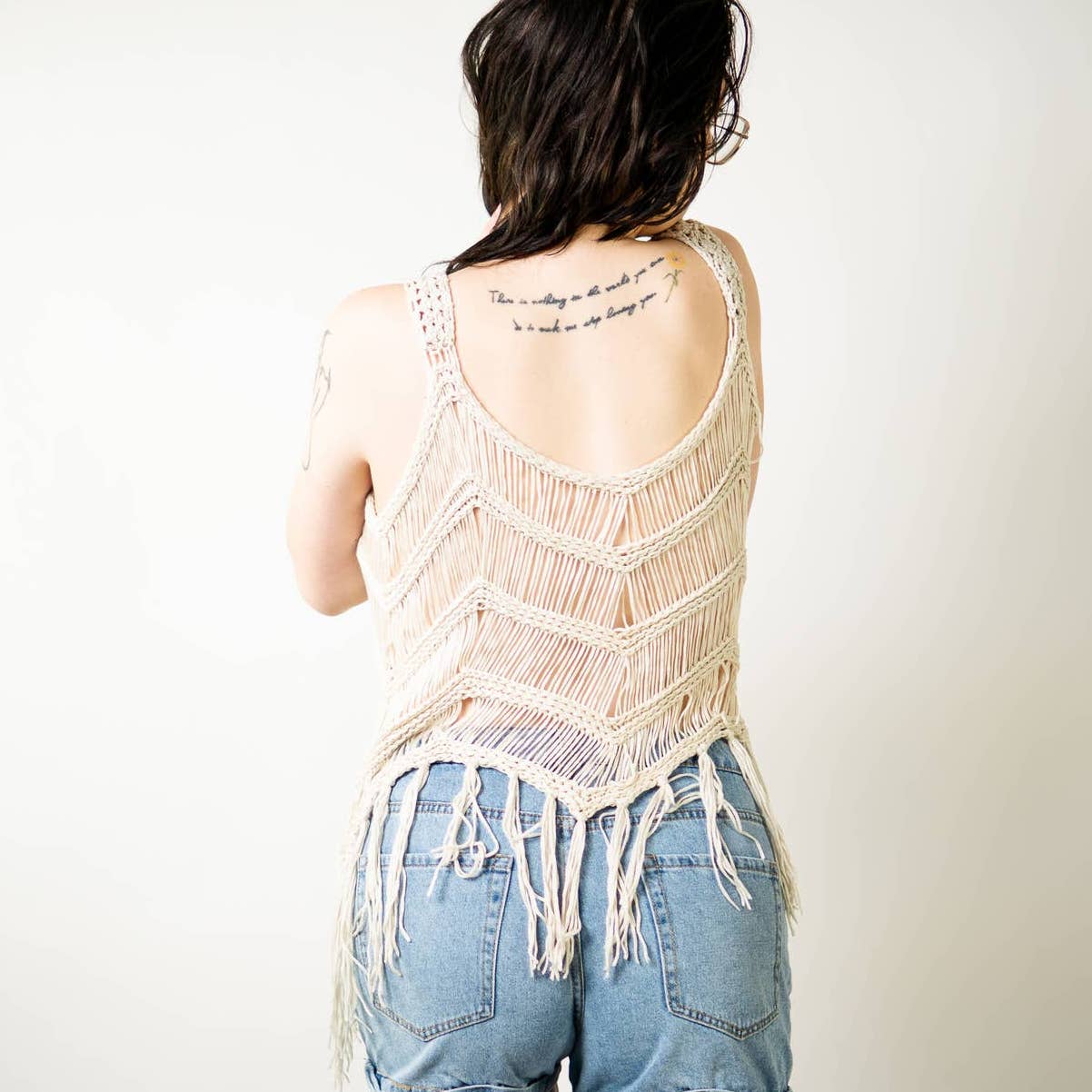 Cream Crochet Tassel Cover Up - M