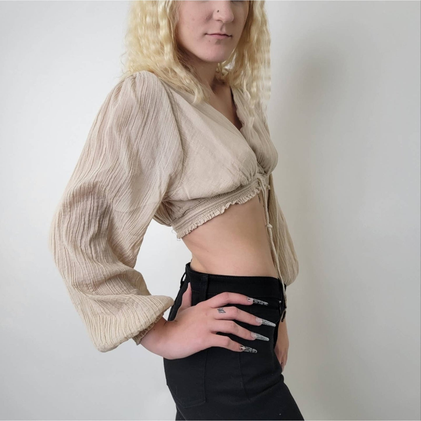 Free People Long Sleeve Flowy Crop Top Bell Sleeve Blouse - S