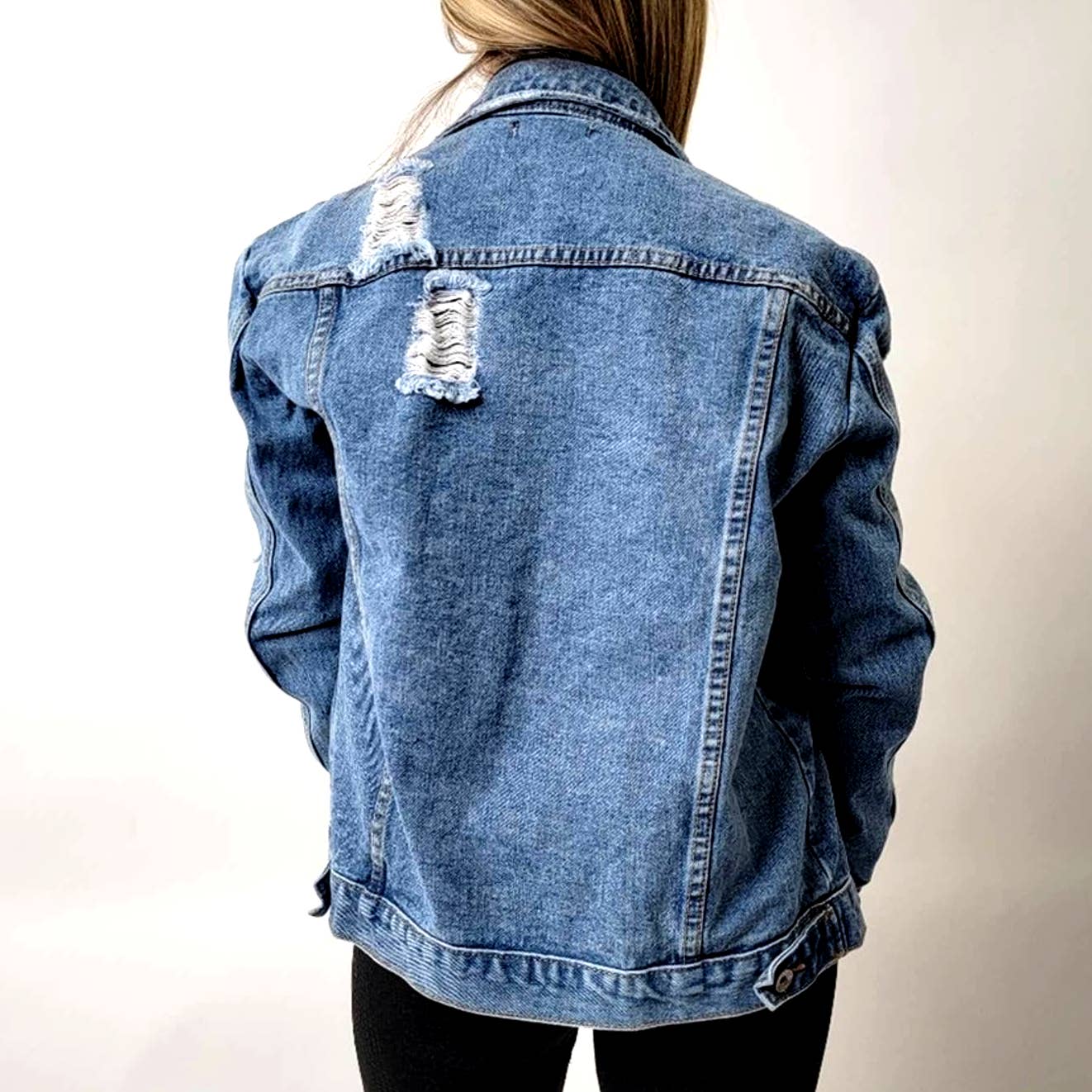 Ripped Faded Wash Denim Jean Trucker Jacket - L