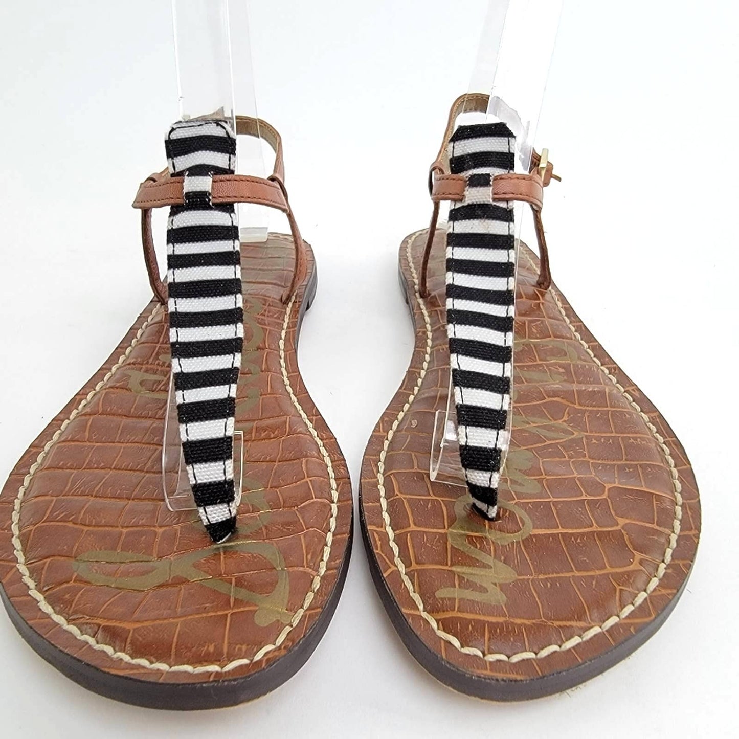 Sam Edelman Gigi T-Strap Black and White Stripe Leather Flip Flop Sandals - 7