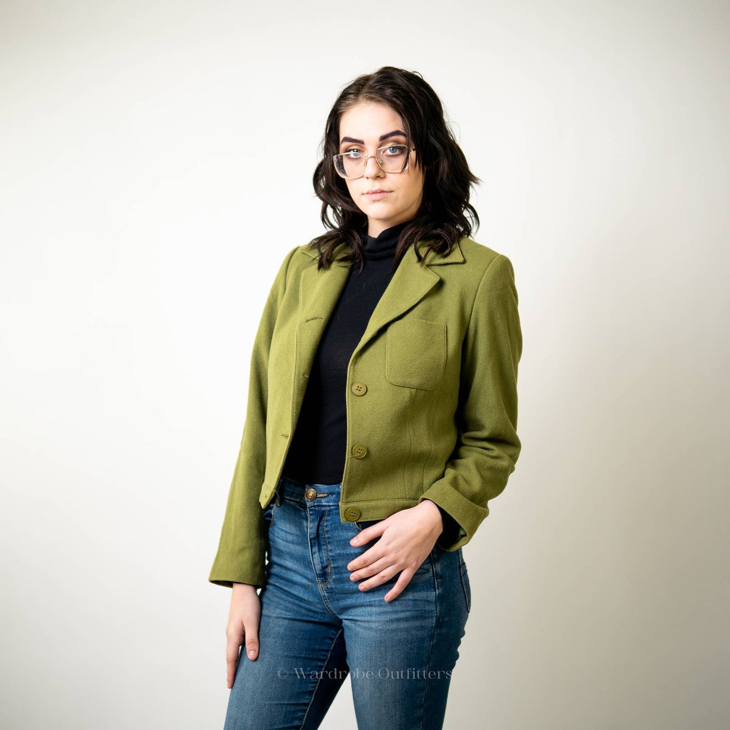 Vintage Olivr Green Cropped Wool Blazer Jacket - 8