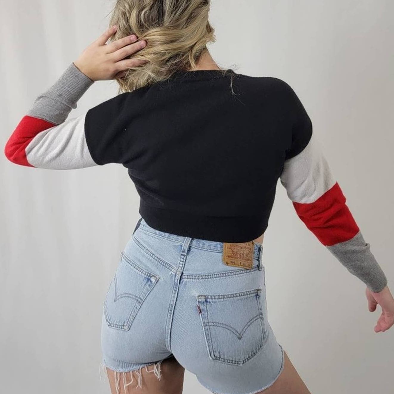 Striped Colorblock Crop Pullover Sweatshirt - S