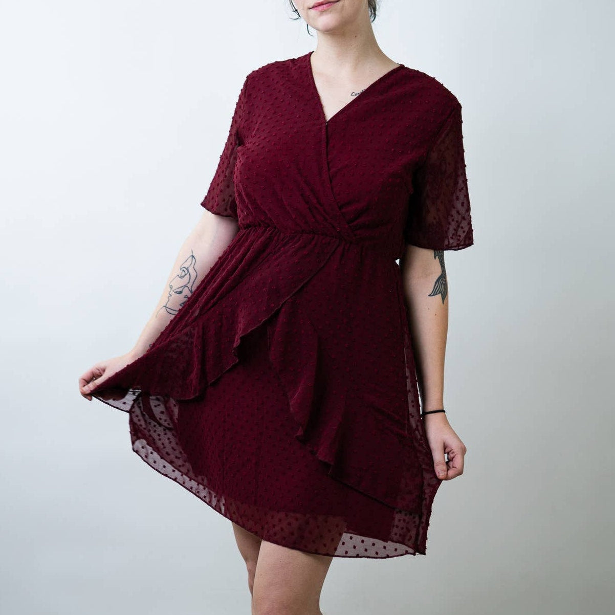 SHEIN Maroon Burgundy Red Swiss Dot A-Line Dress - M