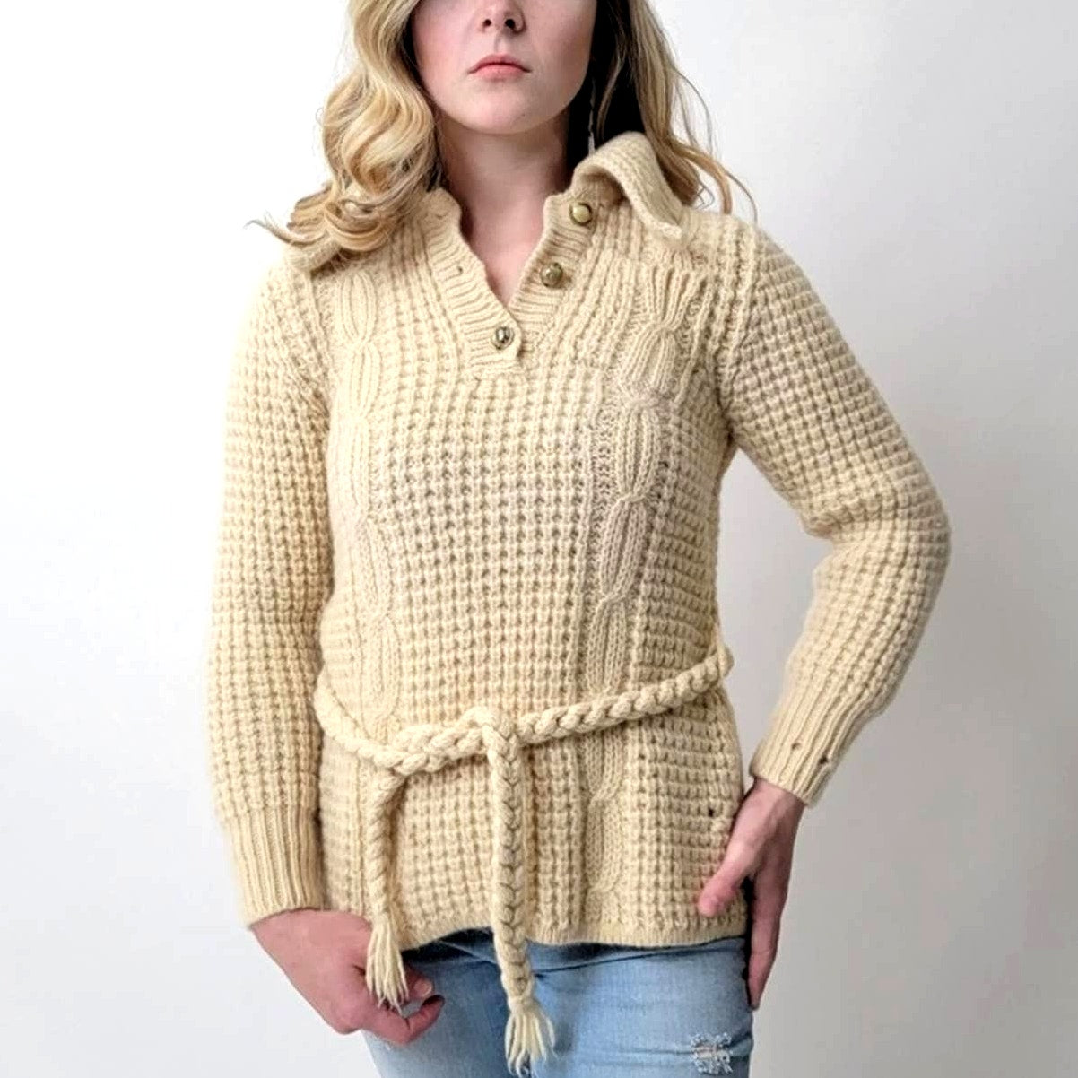 Gaeltarra Pure Wool Aran Knit Vintage Fisherman Sweater - S