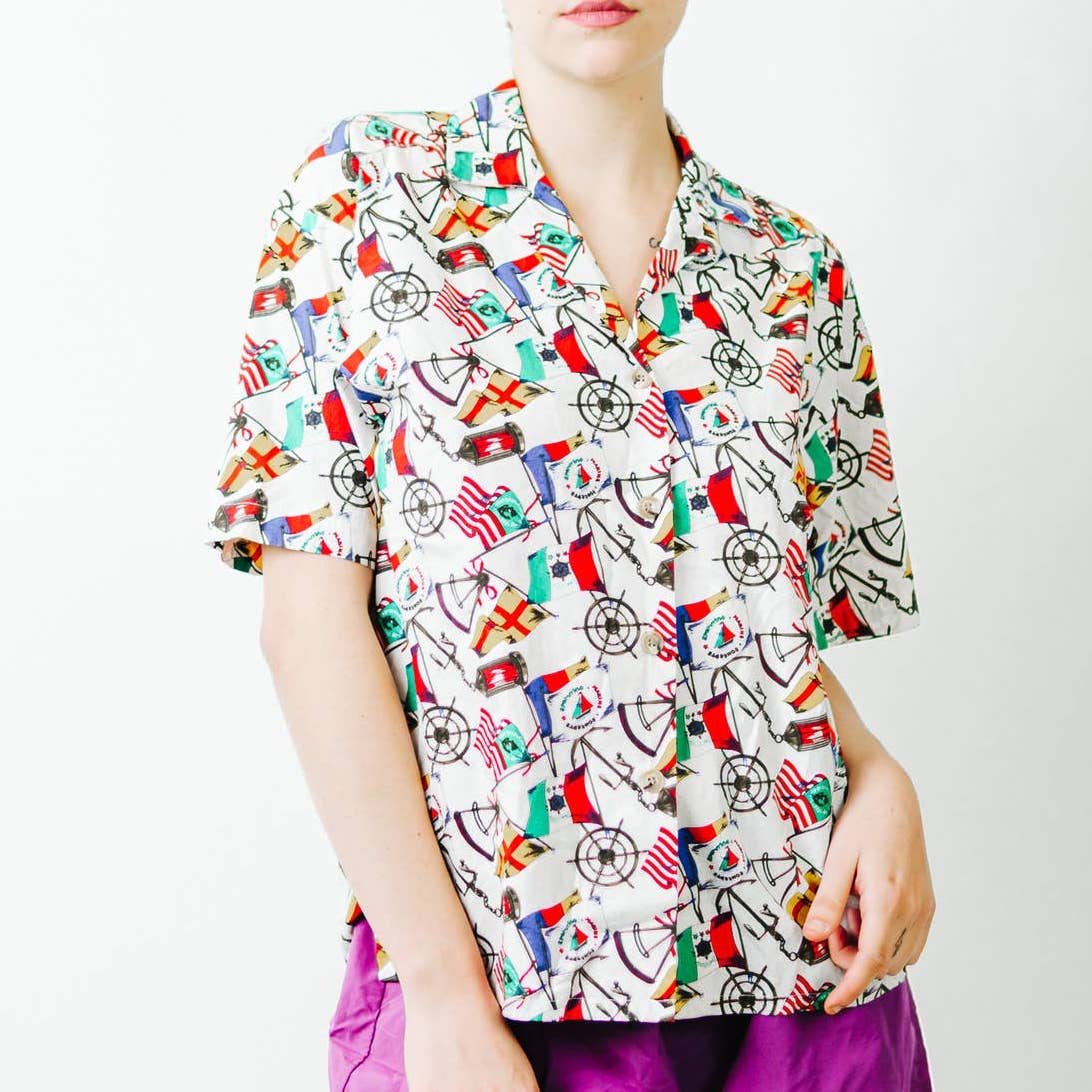 Vintage 90s Jos. A. Bank Sportswear Nautical Flag Button Up Shirt