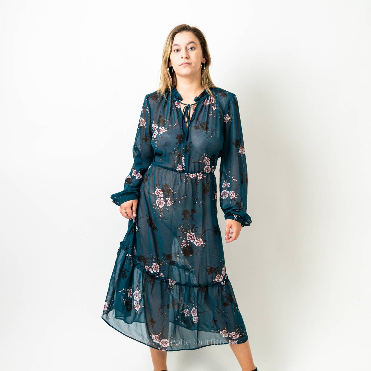 Lulus Newell Teal Green Sheer Floral Print Midi Dress - L