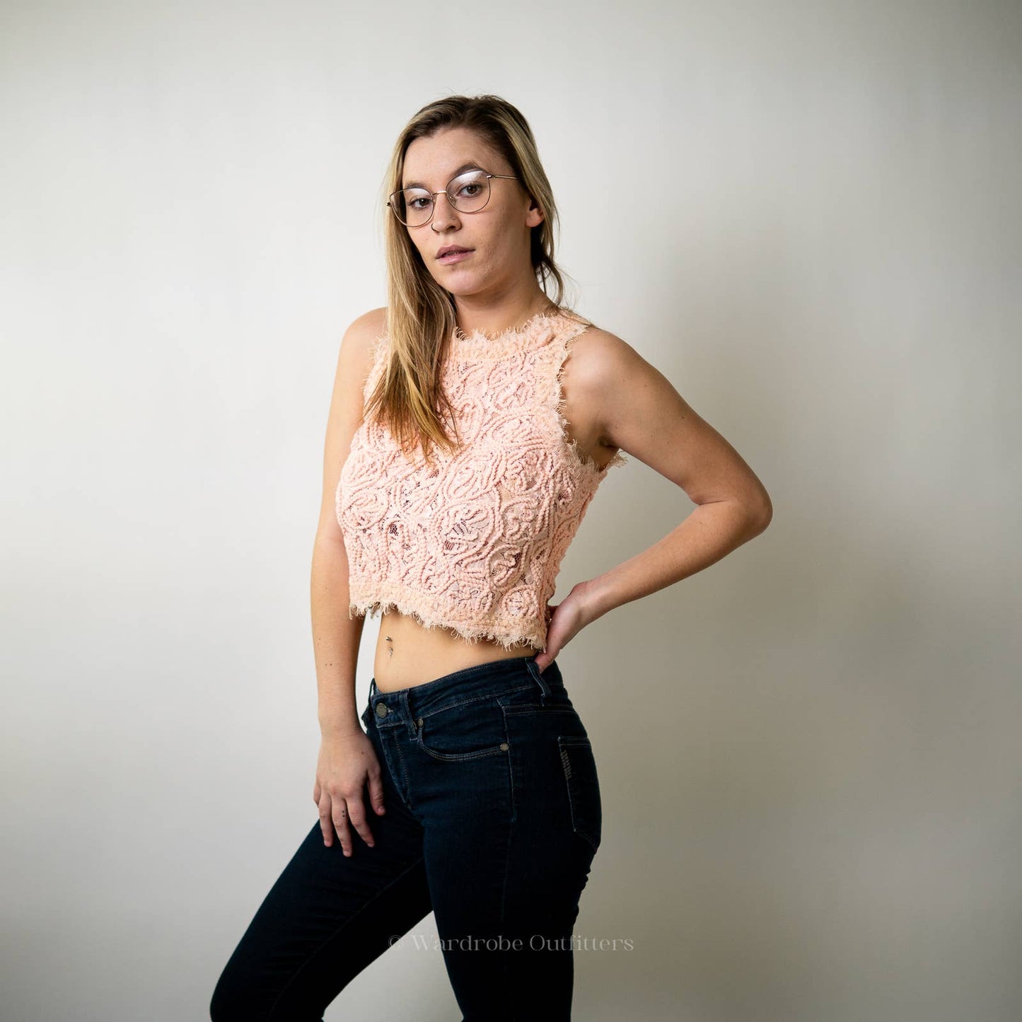 Blush Rose Pink Eyelash Woven Crochet Lace Cropped Tank Top - M