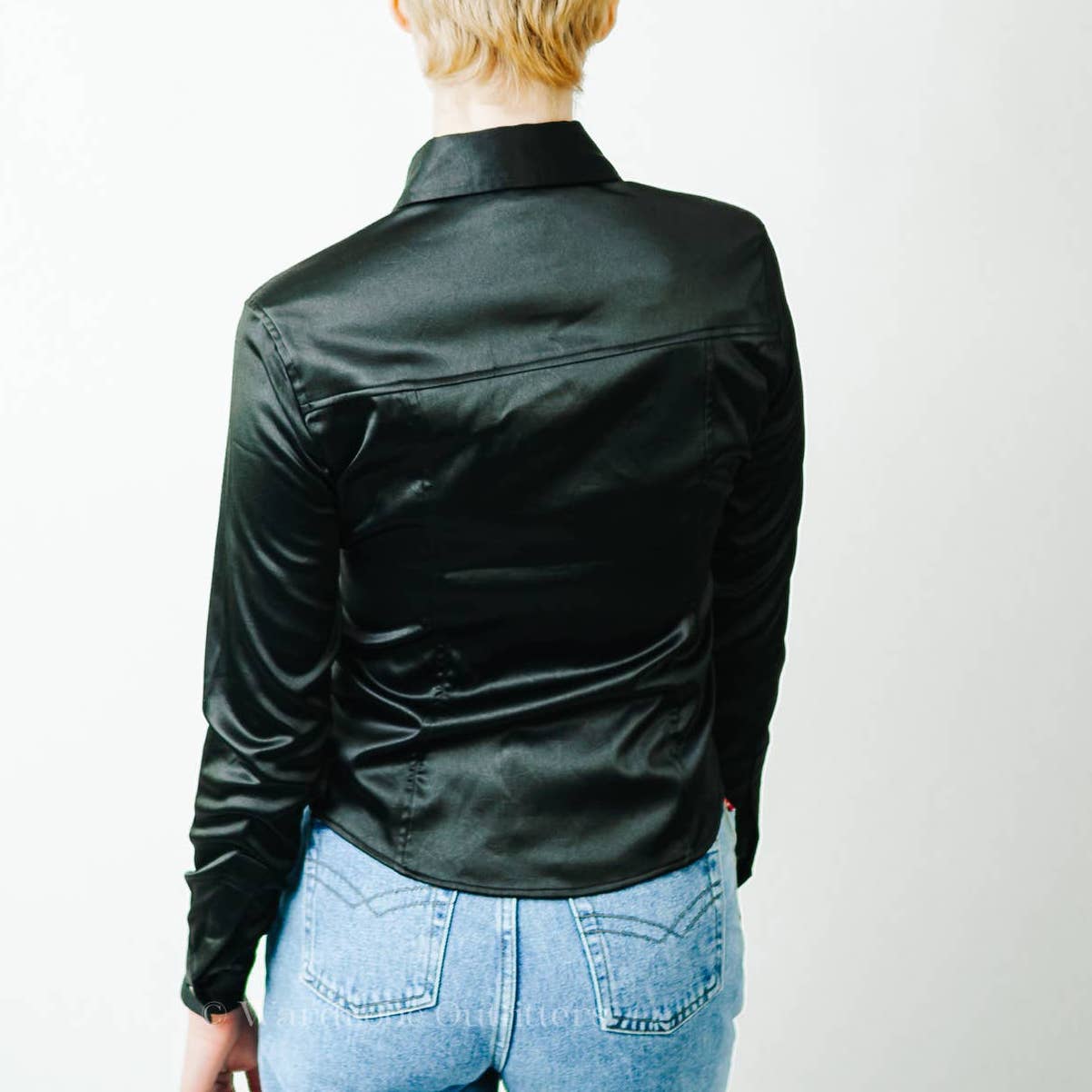 Vintage 90s Black Satin Collared Western Pearl Snap Button Shirt