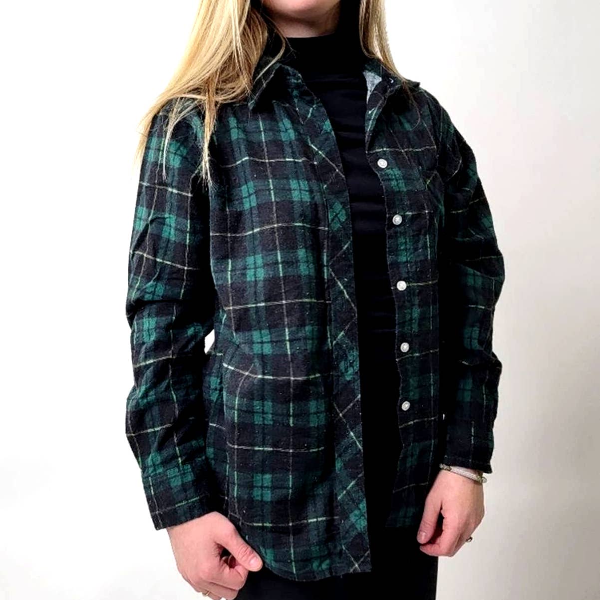 Vintage 90s Haband Check Plaid Forest Hunter Green Flannel Shirt