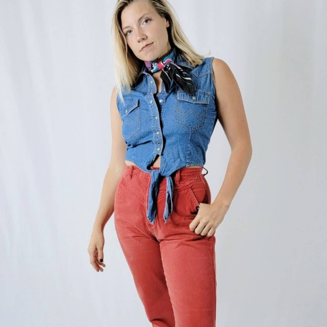 NEW 70's Western Wrangler Denim Pearl Snap Crop Tie Front Vest