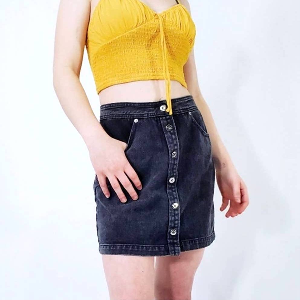 Honey Punch Button Front Black Denim Jean Skirt - S