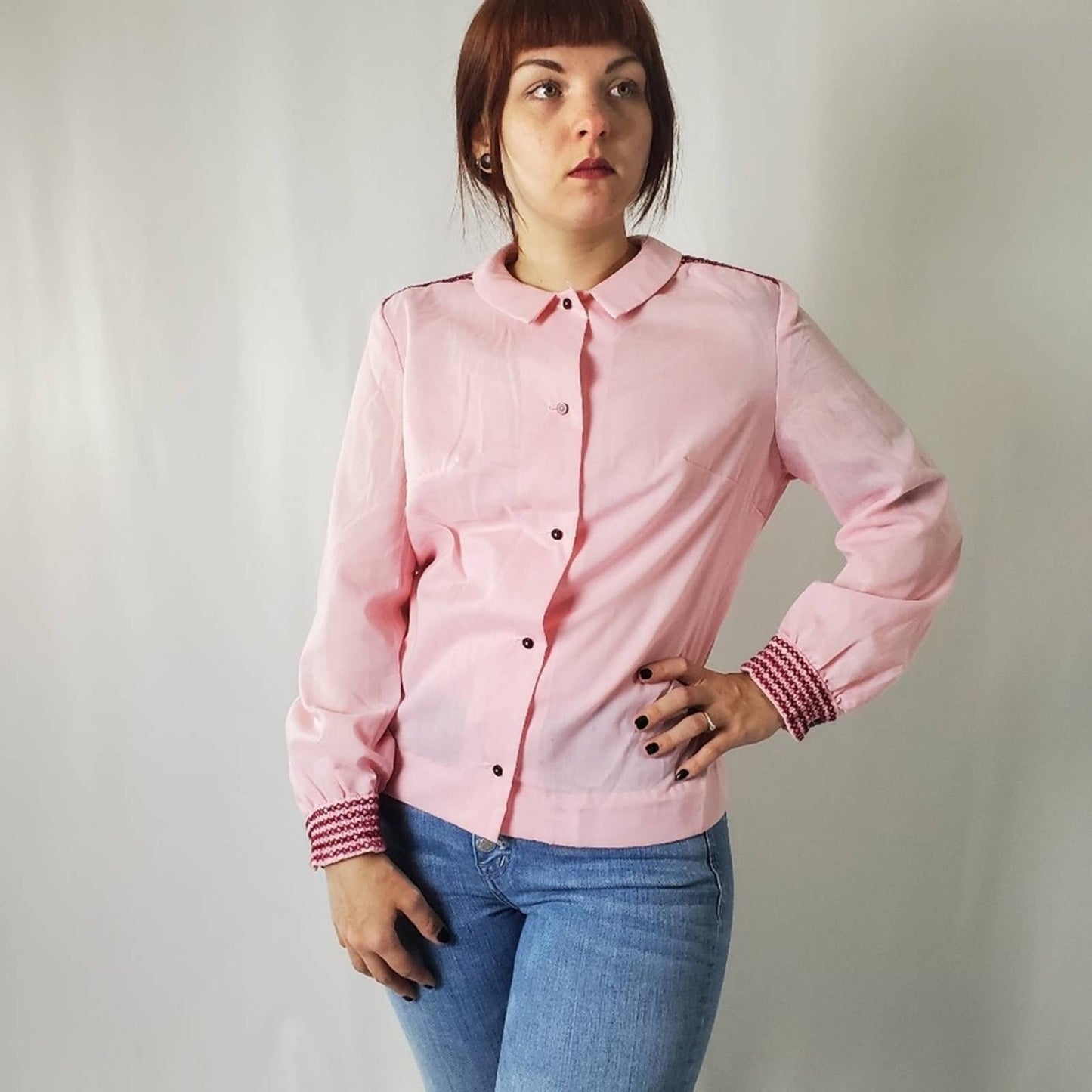 Vintage 70s Fritzi Of Cali Pink Embroidered Blouse - S