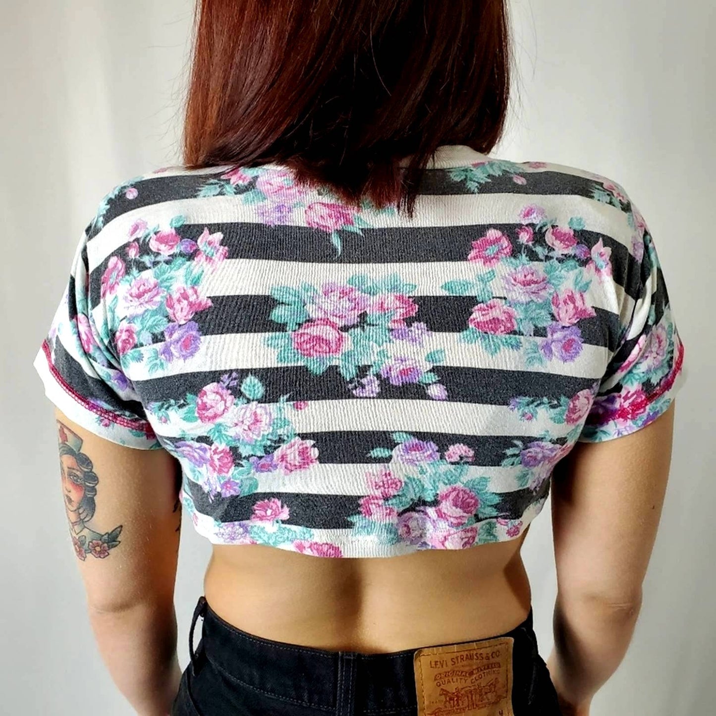 Custom Rare Vtg 80's Baby Mini Cropped Striped Floral Tee