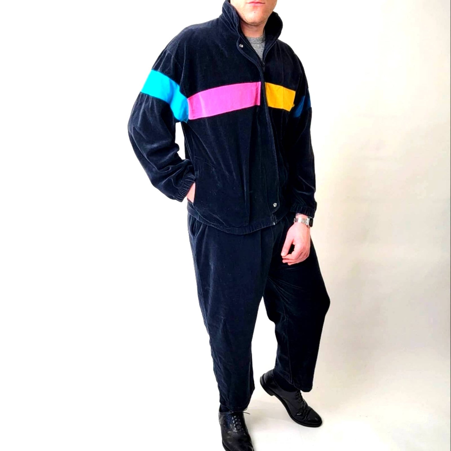 Vintage 90s Velour Track Suit - Multi Color Stripes - XL