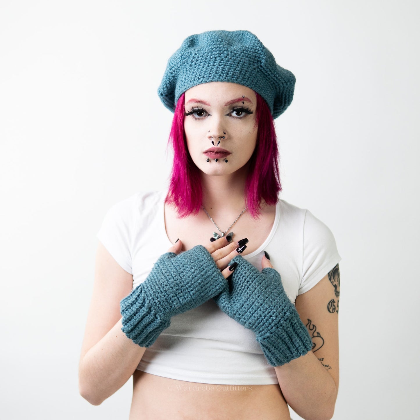 Handmade Crochet Knit Sky Blue Beanie Newsboy Cap & Fingerless Glove Set