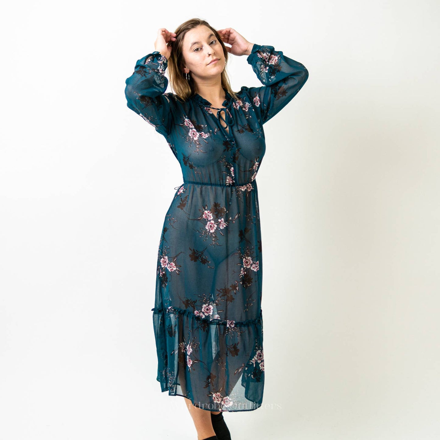 Lulus Newell Teal Green Sheer Floral Print Midi Dress - L